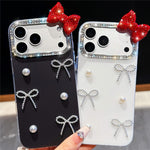For iPhone 18 Pro / 17 Pro Case Pearl Bow Decor PC + TPU IMD Phone Cover with Rhinestone Camera Ring