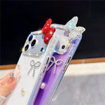 For iPhone 18 Pro / 17 Pro Case Pearl Bow Decor PC + TPU IMD Phone Cover with Rhinestone Camera Ring
