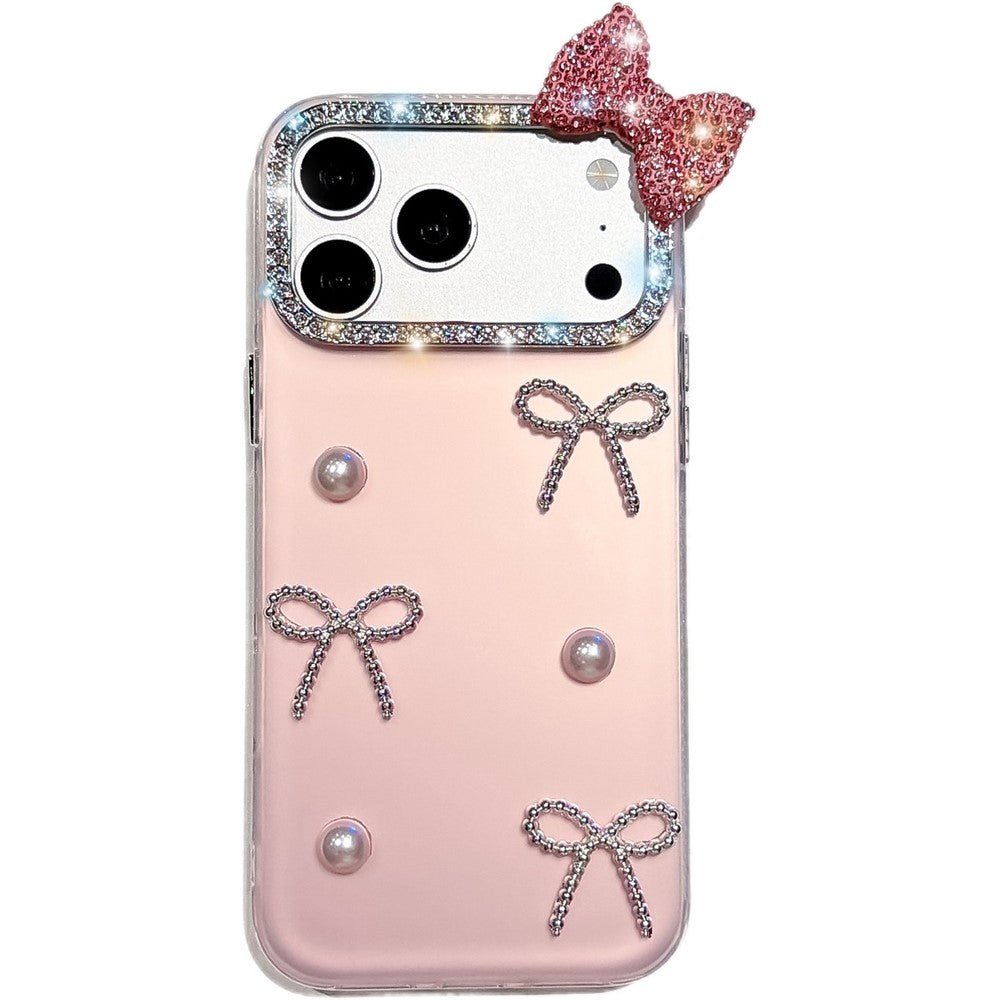 For iPhone 18 Pro / 17 Pro Case Pearl Bow Decor PC + TPU IMD Phone Cover with Rhinestone Camera Ring