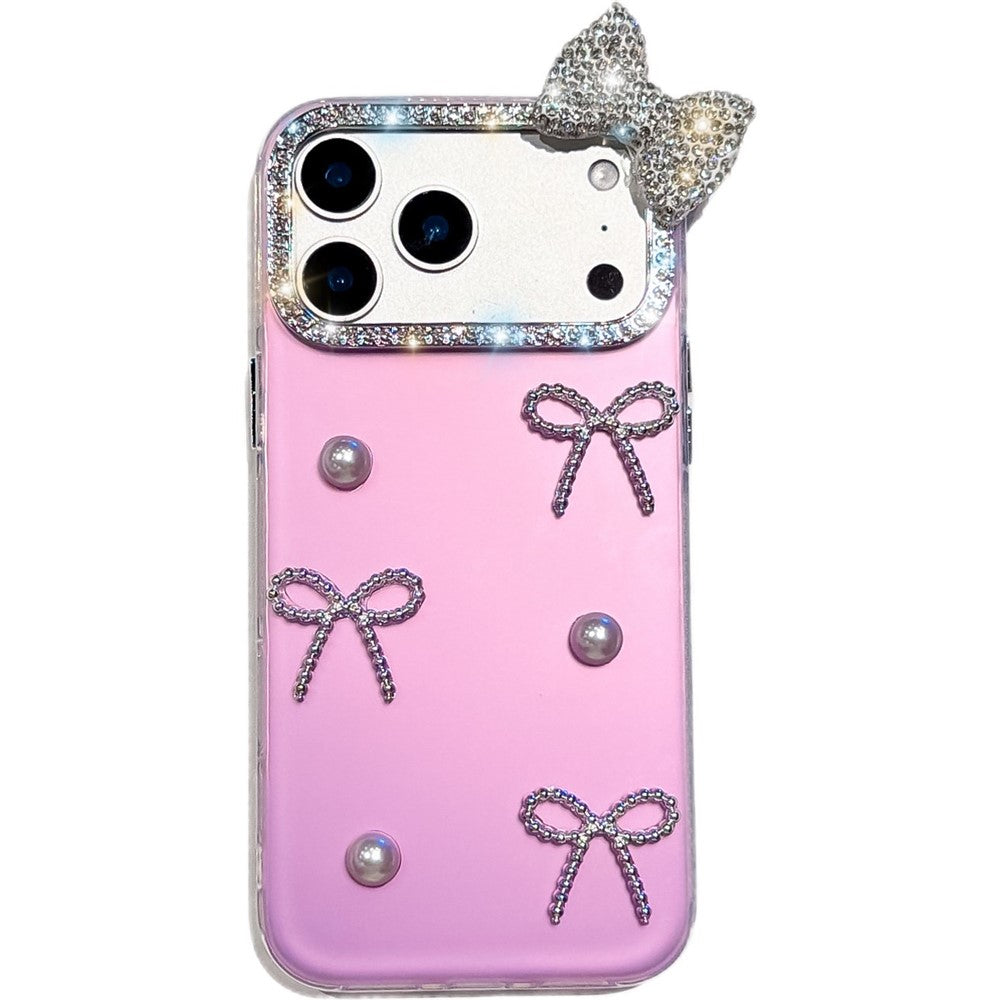 For iPhone 18 Pro / 17 Pro Case Pearl Bow Decor PC + TPU IMD Phone Cover with Rhinestone Camera Ring