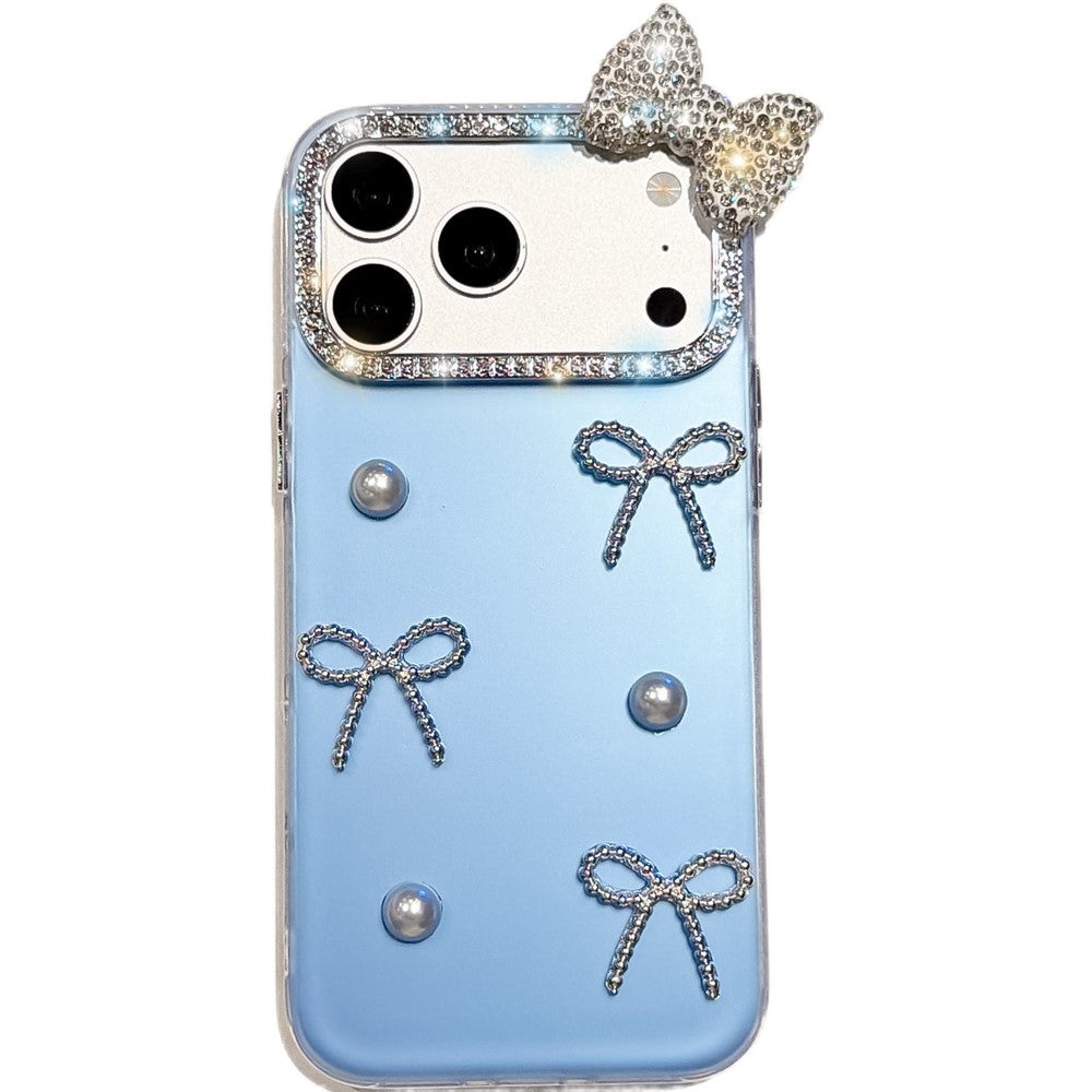 For iPhone 18 Pro / 17 Pro Case Pearl Bow Decor PC + TPU IMD Phone Cover with Rhinestone Camera Ring