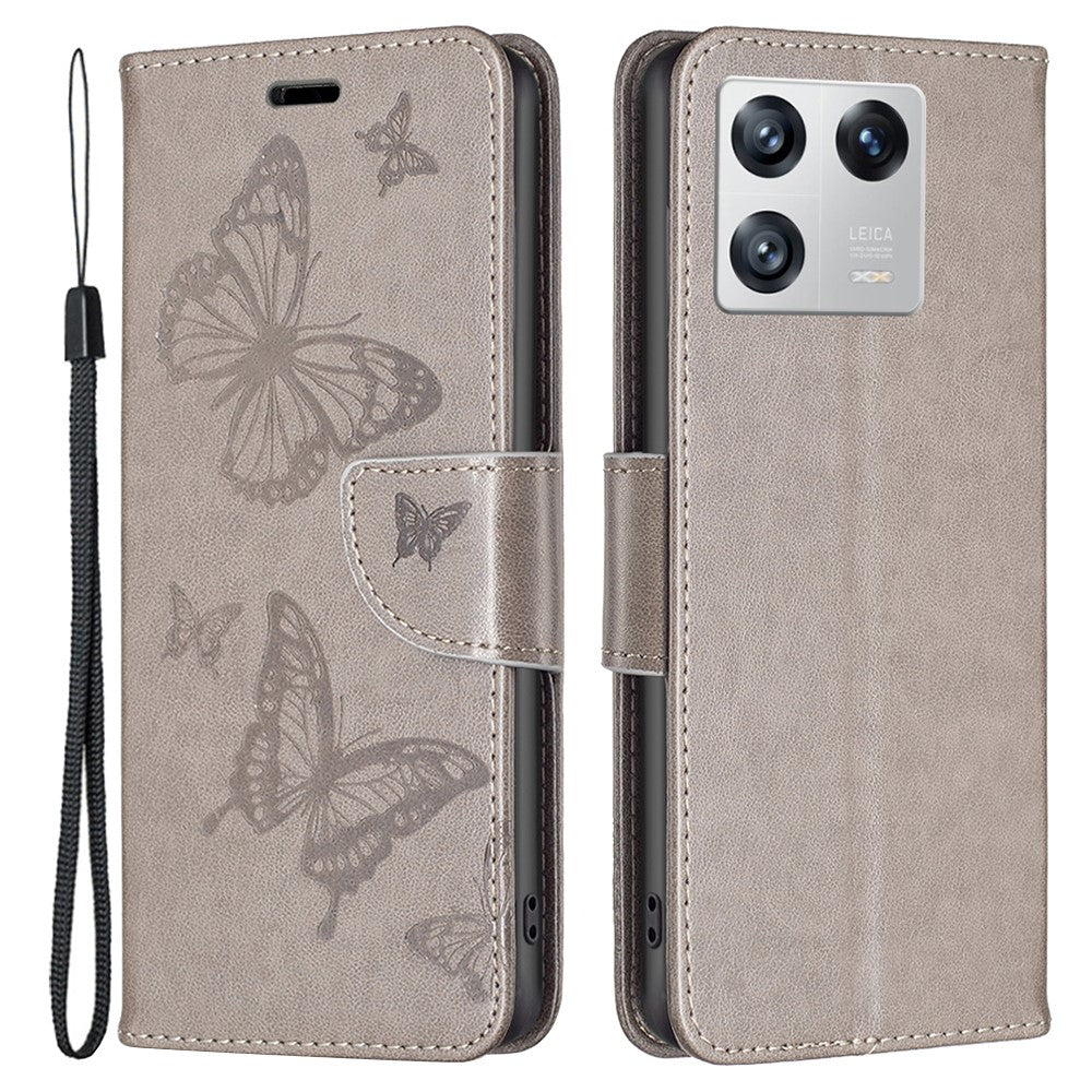 For Xiaomi 13 Wallet Case Imprinted Butterflies Leather Phone Cover with Strap