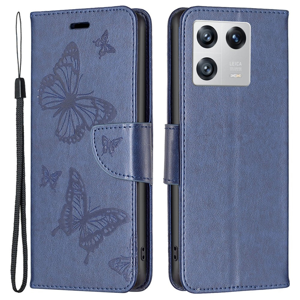 For Xiaomi 13 Wallet Case Imprinted Butterflies Leather Phone Cover with Strap