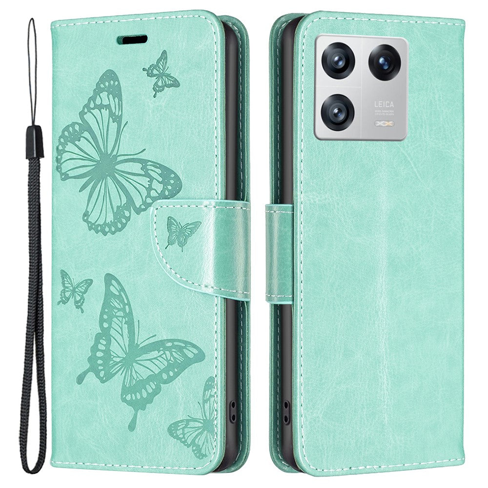 For Xiaomi 13 Wallet Case Imprinted Butterflies Leather Phone Cover with Strap