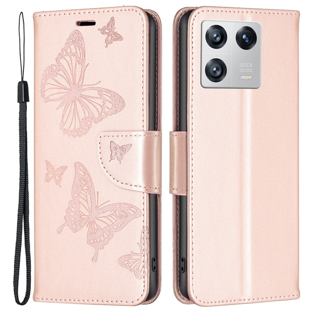 For Xiaomi 13 Wallet Case Imprinted Butterflies Leather Phone Cover with Strap