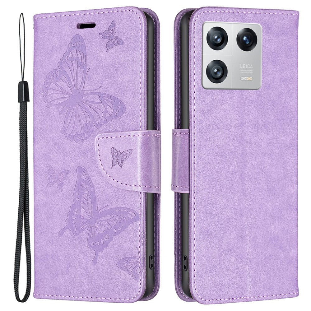 For Xiaomi 13 Wallet Case Imprinted Butterflies Leather Phone Cover with Strap