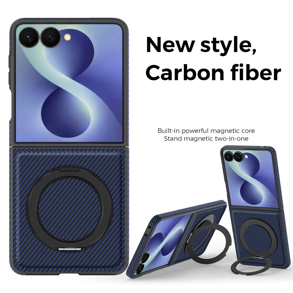 For Samsung Galaxy Z Flip8 Magnetic Case with Kickstand Carbon Fiber Texture PU Leather Phone Back Cover