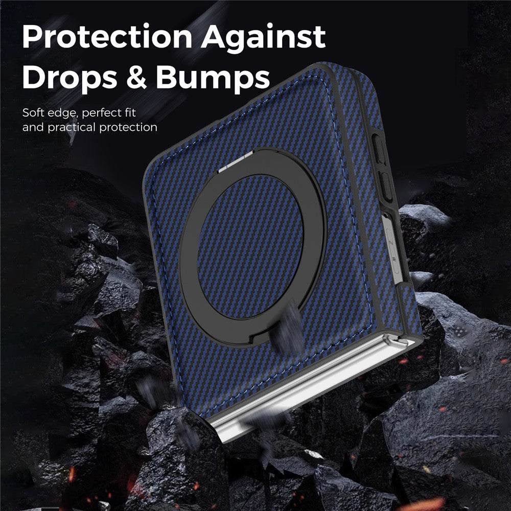 For Samsung Galaxy Z Flip8 Magnetic Case with Kickstand Carbon Fiber Texture PU Leather Phone Back Cover