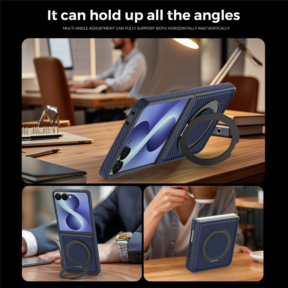 For Samsung Galaxy Z Flip8 Magnetic Case with Kickstand Carbon Fiber Texture PU Leather Phone Back Cover