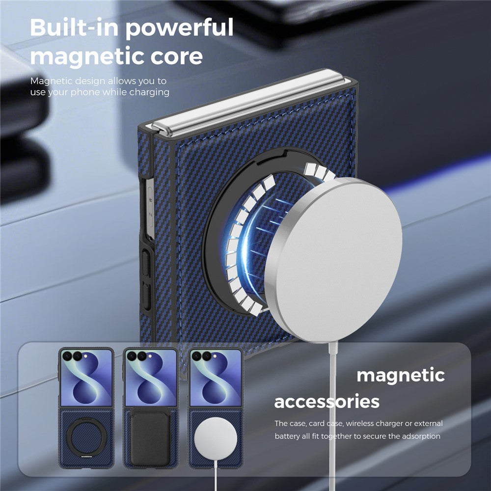For Samsung Galaxy Z Flip8 Magnetic Case with Kickstand Carbon Fiber Texture PU Leather Phone Back Cover