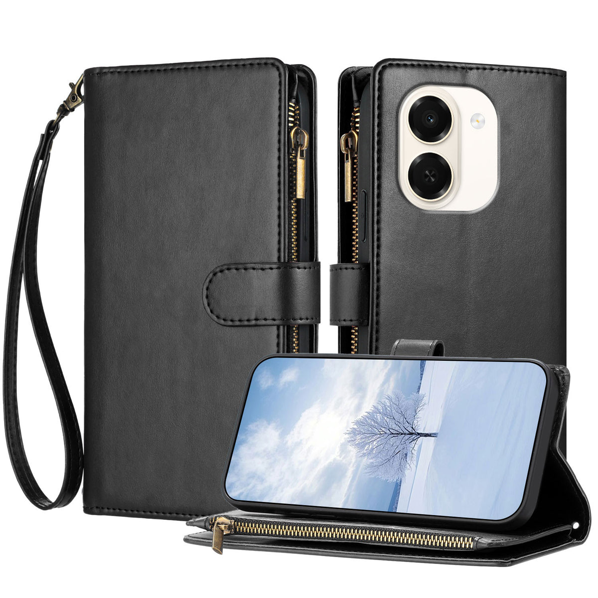 For Wiko Hi Enjoy 80 Plus 5G / Honor X7e 4G Leather Case Zipper Wallet Stand Shockproof Phone Cover with Wrist Strap