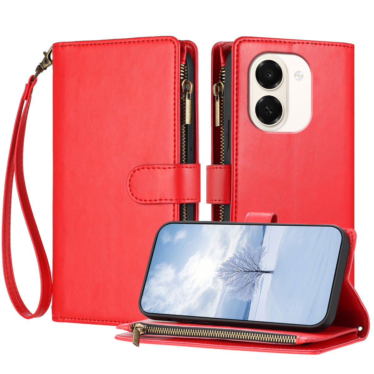 For Wiko Hi Enjoy 80 Plus 5G / Honor X7e 4G Leather Case Zipper Wallet Stand Shockproof Phone Cover with Wrist Strap