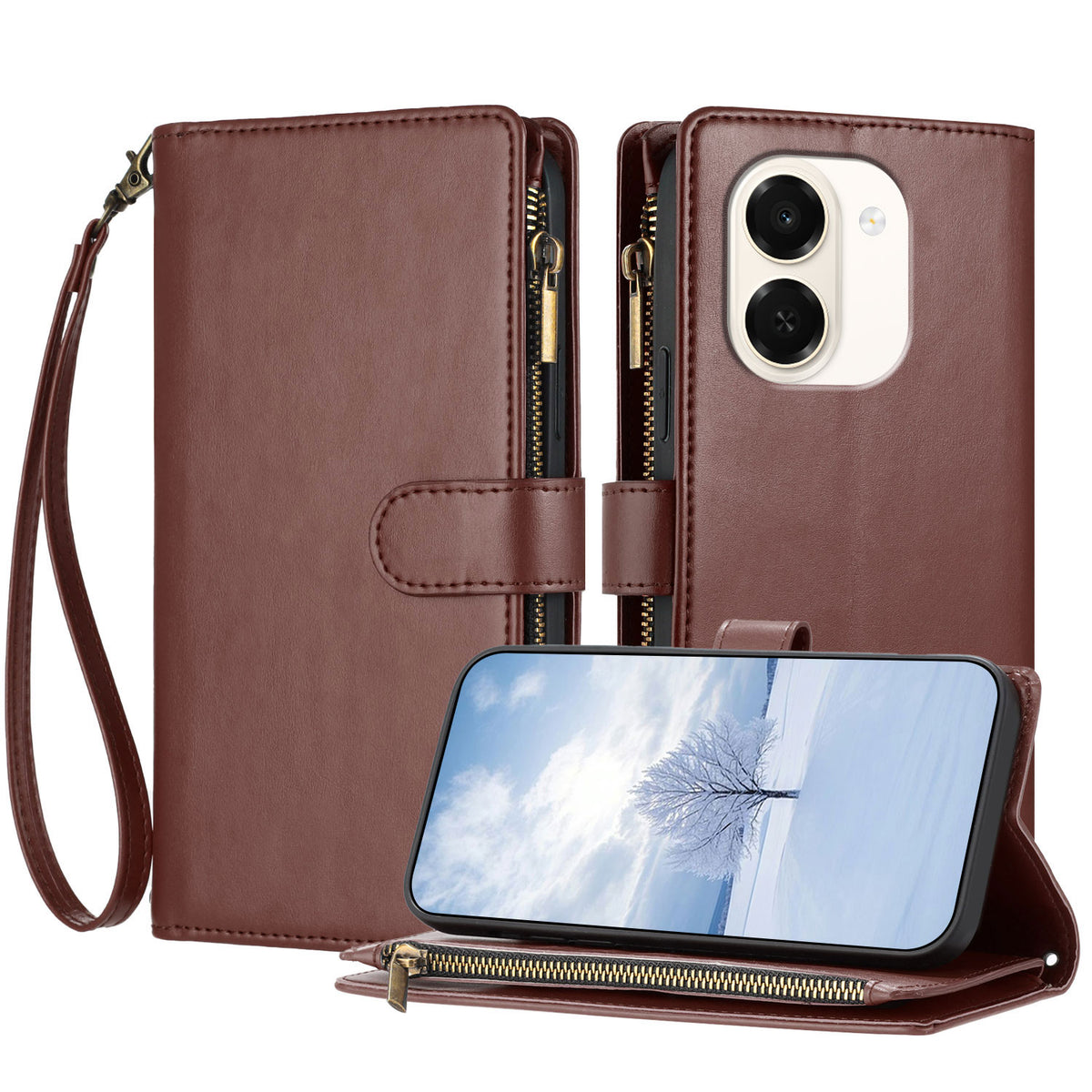 For Wiko Hi Enjoy 80 Plus 5G / Honor X7e 4G Leather Case Zipper Wallet Stand Shockproof Phone Cover with Wrist Strap