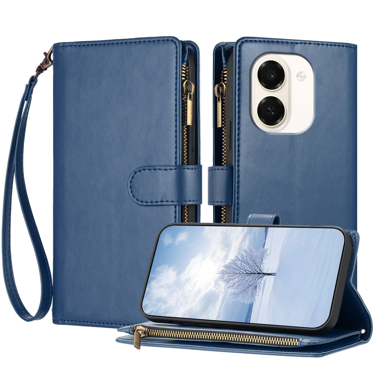 For Wiko Hi Enjoy 80 Plus 5G / Honor X7e 4G Leather Case Zipper Wallet Stand Shockproof Phone Cover with Wrist Strap