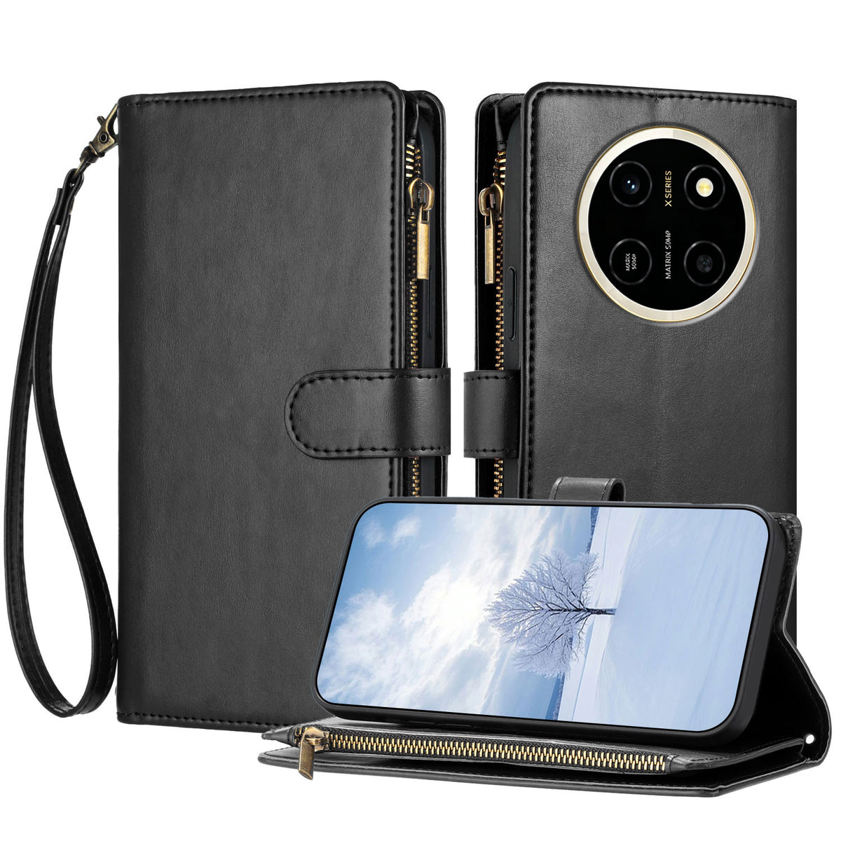 For Honor X80 Pro Max 5G Leather Case Zipper Wallet Stand Shockproof Phone Cover with Wrist Strap