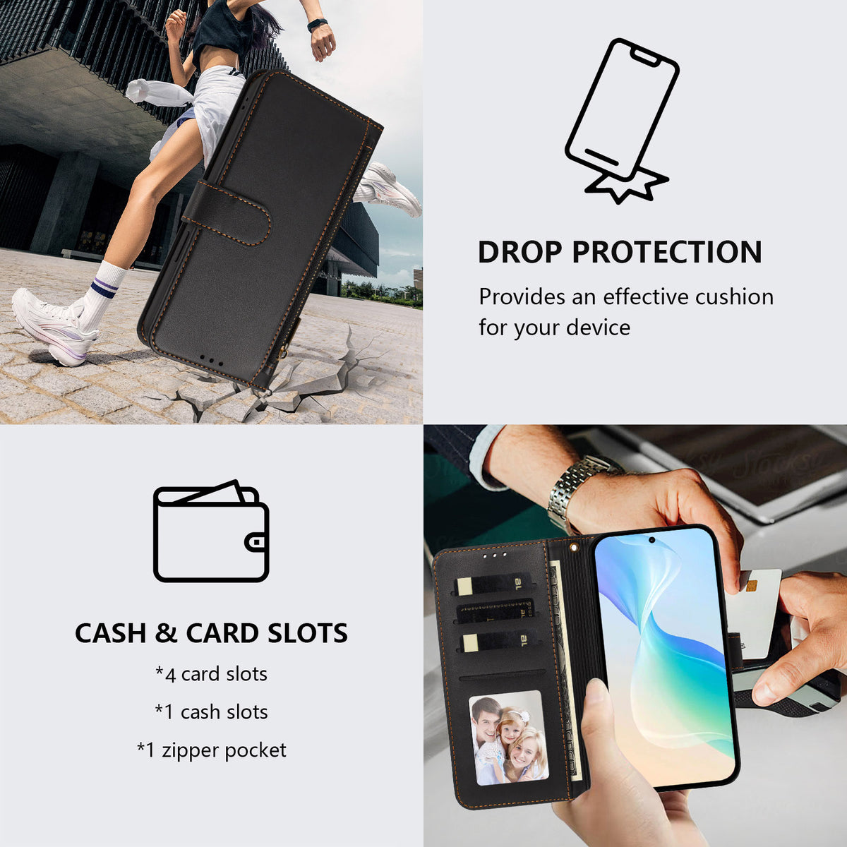 Til iPhone 16e / iPhone 17e etui med 4 kortlommer, tegnebogsstander, PU-lædertelefoncover med håndledsrem