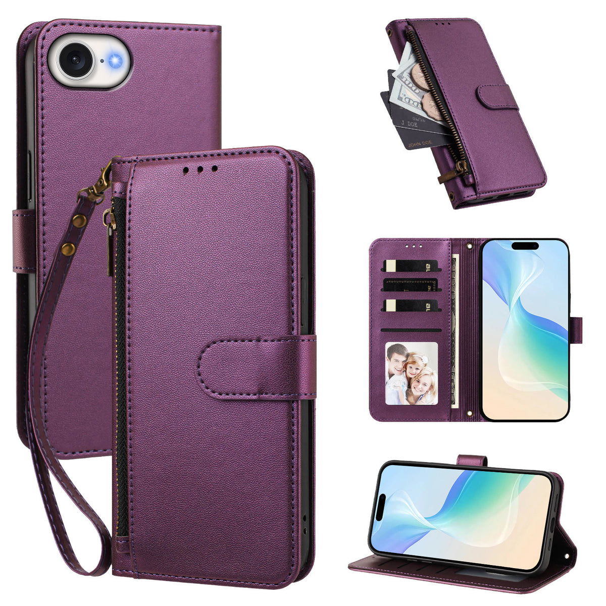 Til iPhone 16e / iPhone 17e etui med 4 kortlommer, tegnebogsstander, PU-lædertelefoncover med håndledsrem