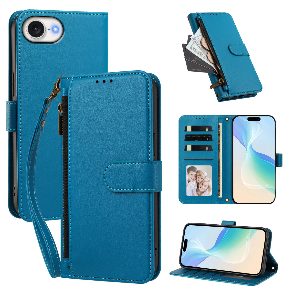 Til iPhone 16e / iPhone 17e etui med 4 kortlommer, tegnebogsstander, PU-lædertelefoncover med håndledsrem