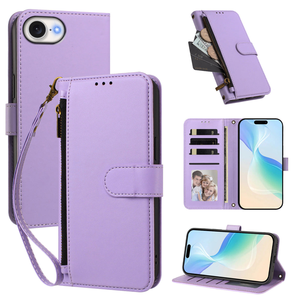 Til iPhone 16e / iPhone 17e etui med 4 kortlommer, tegnebogsstander, PU-lædertelefoncover med håndledsrem