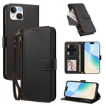 For iPhone 15 Case 4 Card Slots Wallet Stand PU Leather Phone Cover with Wrist Strap