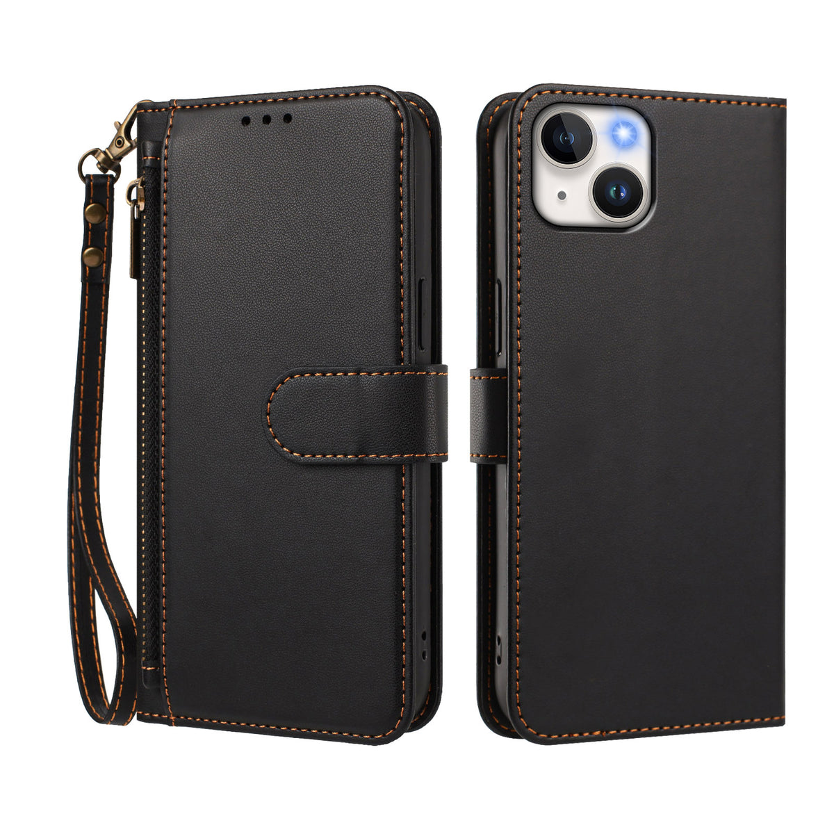 For iPhone 15 Case 4 Card Slots Wallet Stand PU Leather Phone Cover with Wrist Strap