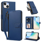 For iPhone 15 Case 4 Card Slots Wallet Stand PU Leather Phone Cover with Wrist Strap