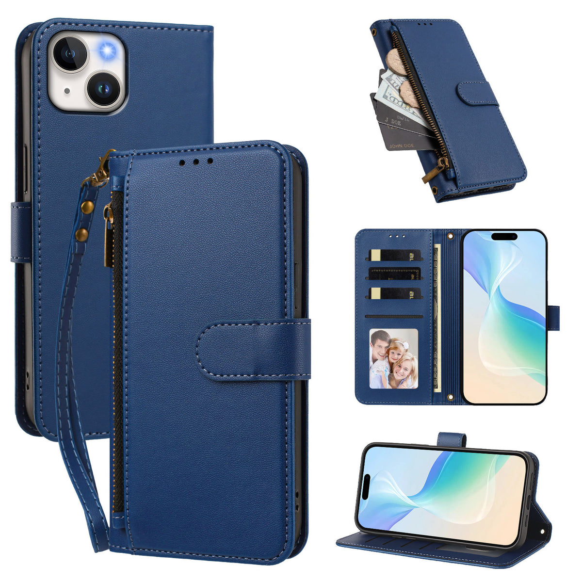For iPhone 15 Case 4 Card Slots Wallet Stand PU Leather Phone Cover with Wrist Strap