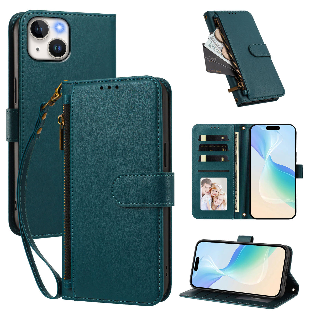 For iPhone 15 Case 4 Card Slots Wallet Stand PU Leather Phone Cover with Wrist Strap