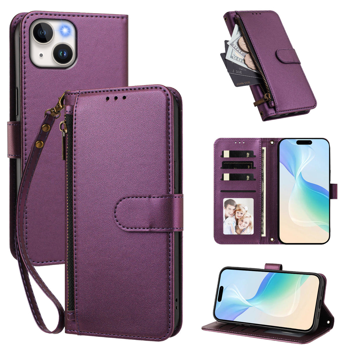 For iPhone 15 Case 4 Card Slots Wallet Stand PU Leather Phone Cover with Wrist Strap