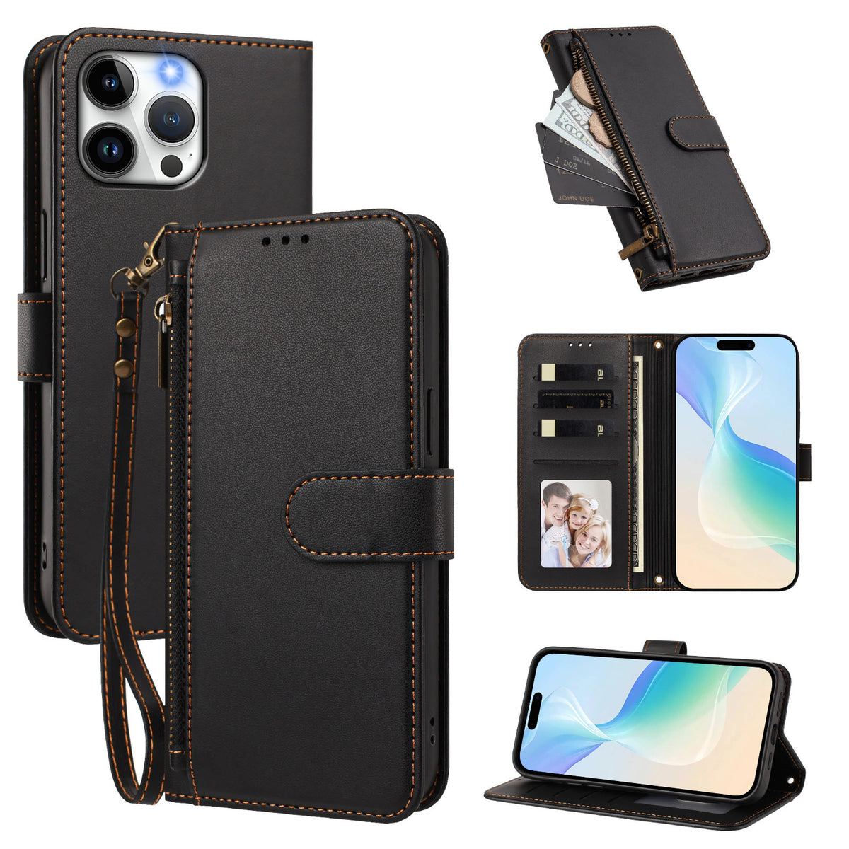 For iPhone 15 Pro Max Case 4 Card Slots Wallet Stand PU Leather Phone Cover with Wrist Strap