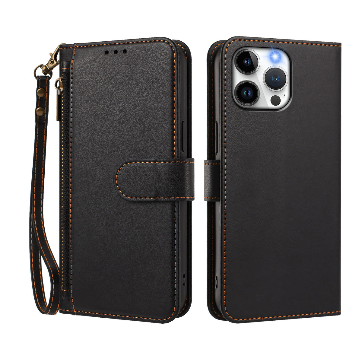 For iPhone 15 Pro Max Case 4 Card Slots Wallet Stand PU Leather Phone Cover with Wrist Strap