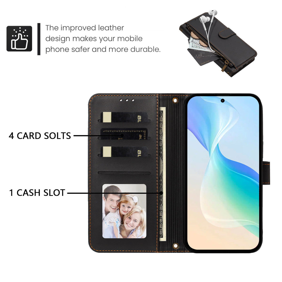 For iPhone 15 Pro Max Case 4 Card Slots Wallet Stand PU Leather Phone Cover with Wrist Strap