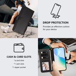 For iPhone 15 Pro Max Case 4 Card Slots Wallet Stand PU Leather Phone Cover with Wrist Strap