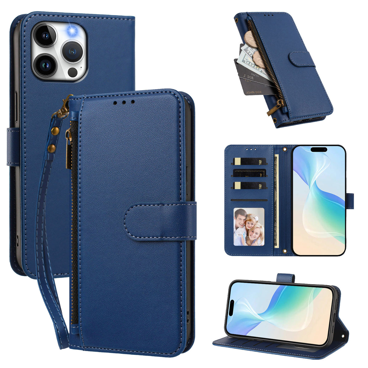 For iPhone 15 Pro Max Case 4 Card Slots Wallet Stand PU Leather Phone Cover with Wrist Strap