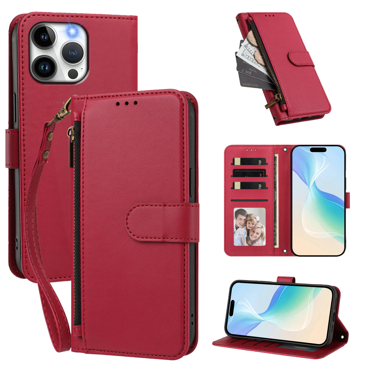 For iPhone 15 Pro Max Case 4 Card Slots Wallet Stand PU Leather Phone Cover with Wrist Strap