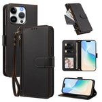 For iPhone 15 Pro Case 4 Card Slots Wallet Stand PU Leather Phone Cover with Wrist Strap