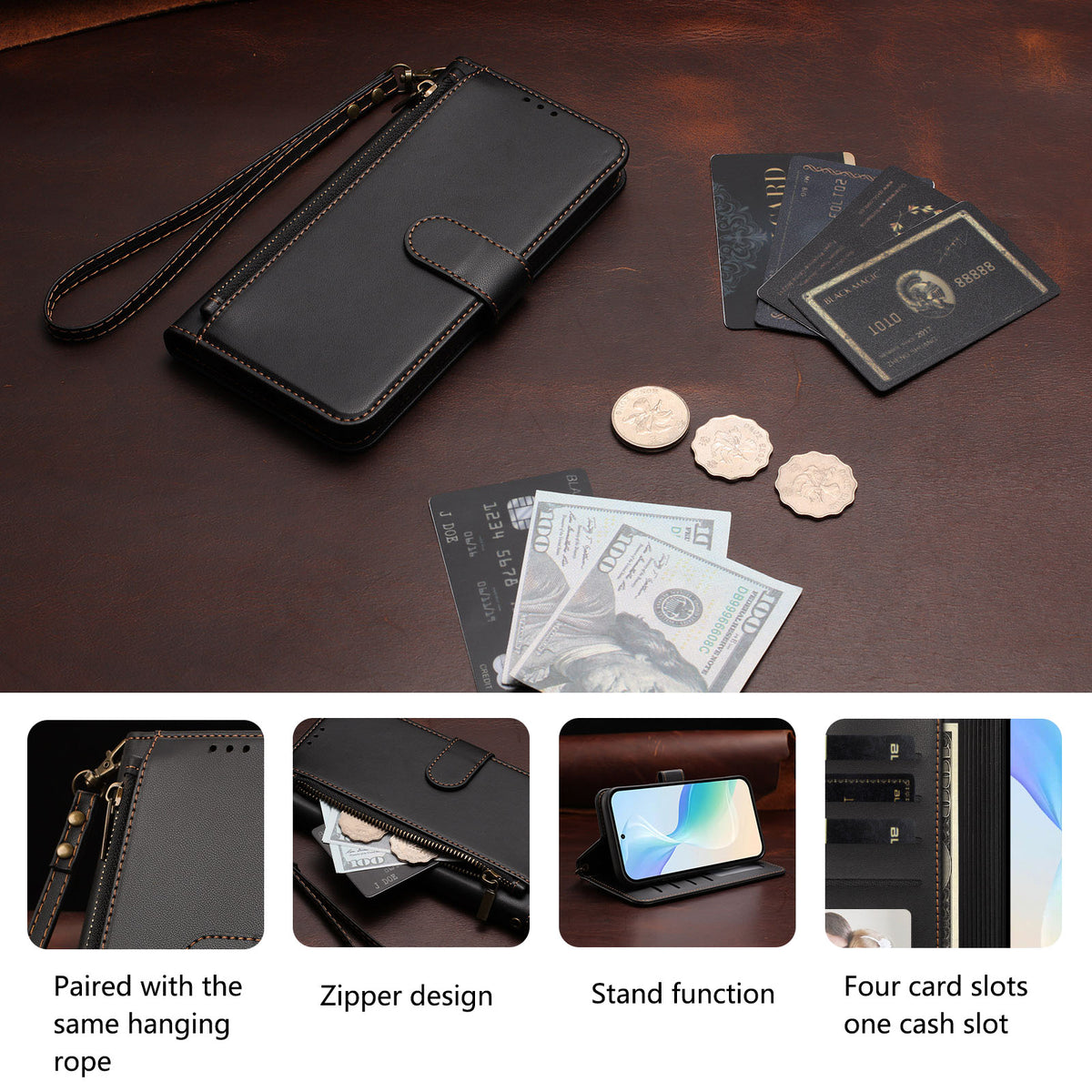 For iPhone 15 Pro Case 4 Card Slots Wallet Stand PU Leather Phone Cover with Wrist Strap
