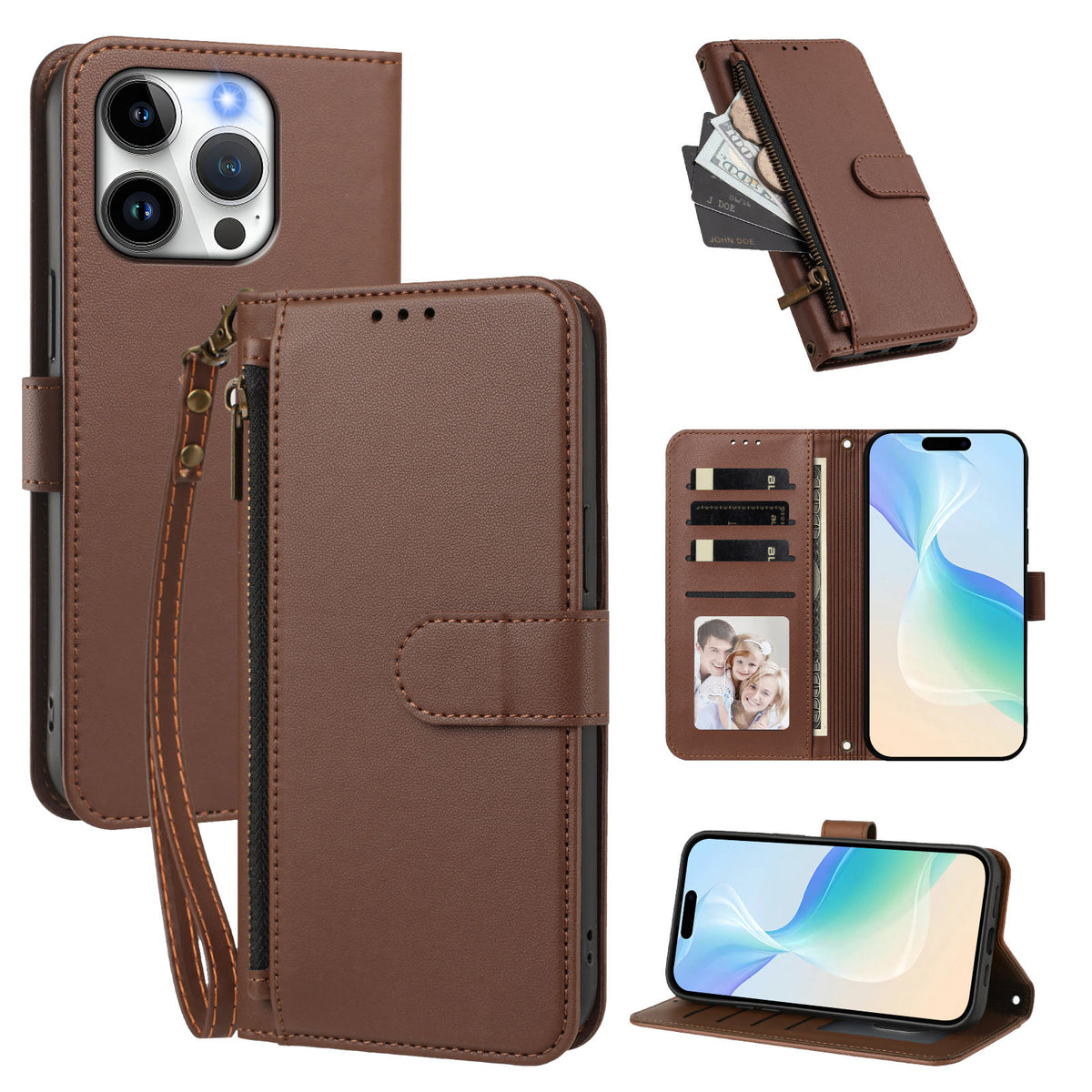 For iPhone 15 Pro Case 4 Card Slots Wallet Stand PU Leather Phone Cover with Wrist Strap
