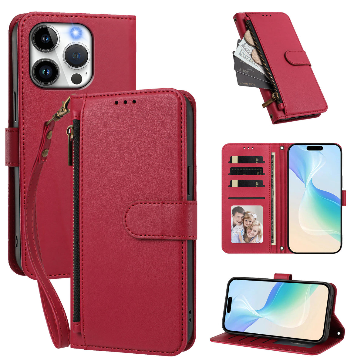 For iPhone 15 Pro Case 4 Card Slots Wallet Stand PU Leather Phone Cover with Wrist Strap