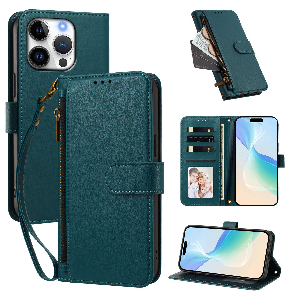 For iPhone 16 Pro Case 4 Card Slots Wallet Stand PU Leather Phone Cover with Wrist Strap