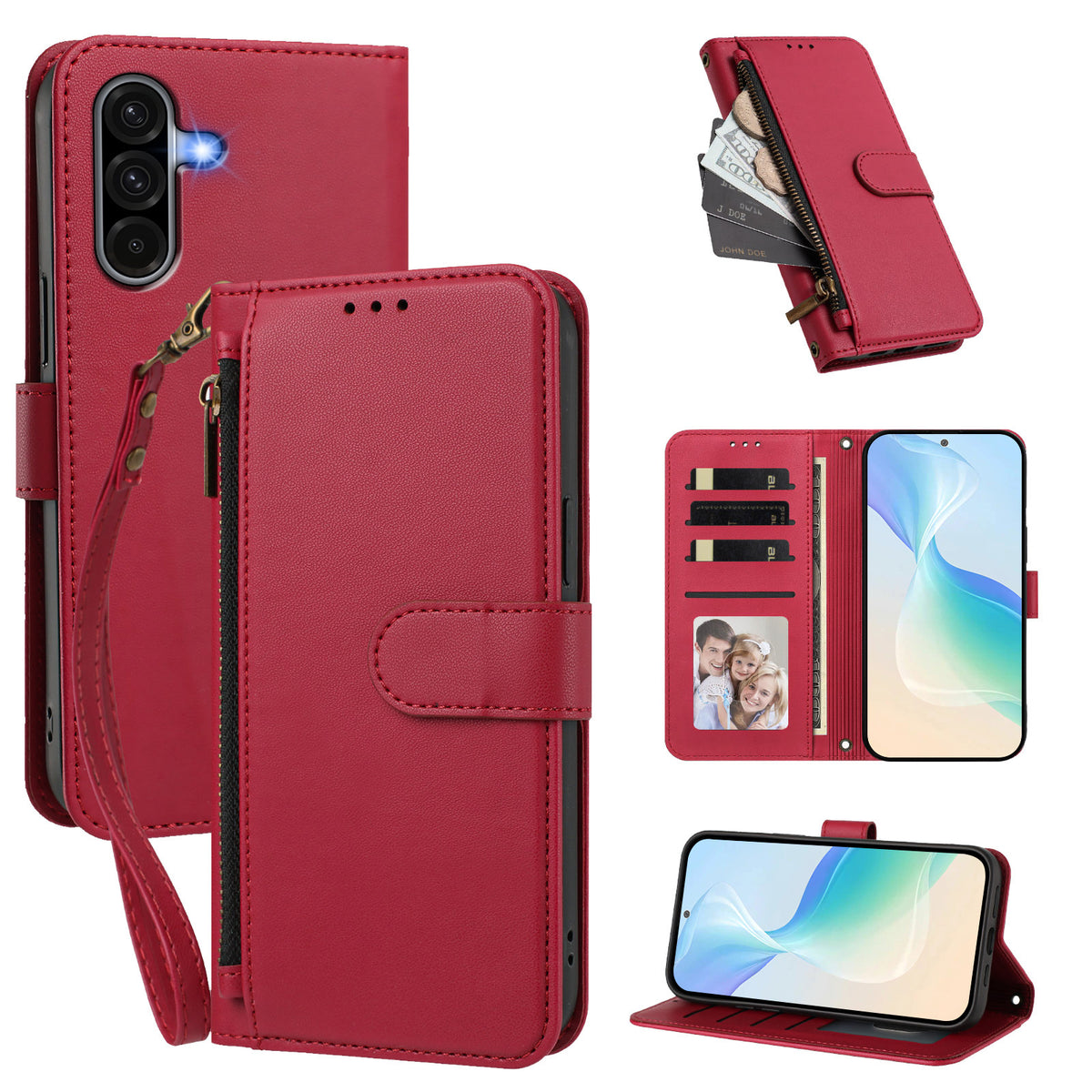 For Samsung Galaxy A37 5G / A56 5G / A36 5G Case 4 Card Slots Wallet Stand PU Leather Phone Cover with Wrist Strap