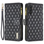 BINFEN COLOR BF Style-15 för Samsung Galaxy A34 5G Präglat rombmönster PU-läderfodral Folio Magnetisk plånbok Stativ Blixtlåsficka mobilskal med rem