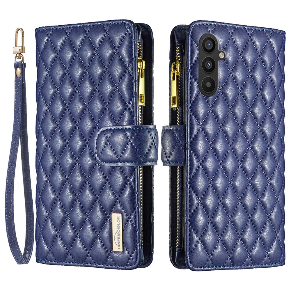 BINFEN COLOR BF Style-15 för Samsung Galaxy A34 5G Präglat rombmönster PU-läderfodral Folio Magnetisk plånbok Stativ Blixtlåsficka mobilskal med rem