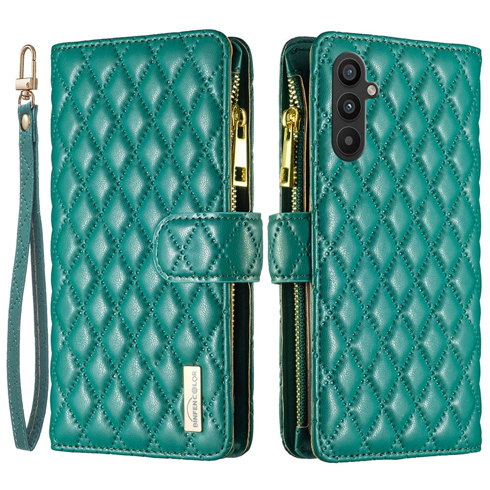 BINFEN COLOR BF Style-15 för Samsung Galaxy A34 5G Präglat rombmönster PU-läderfodral Folio Magnetisk plånbok Stativ Blixtlåsficka mobilskal med rem