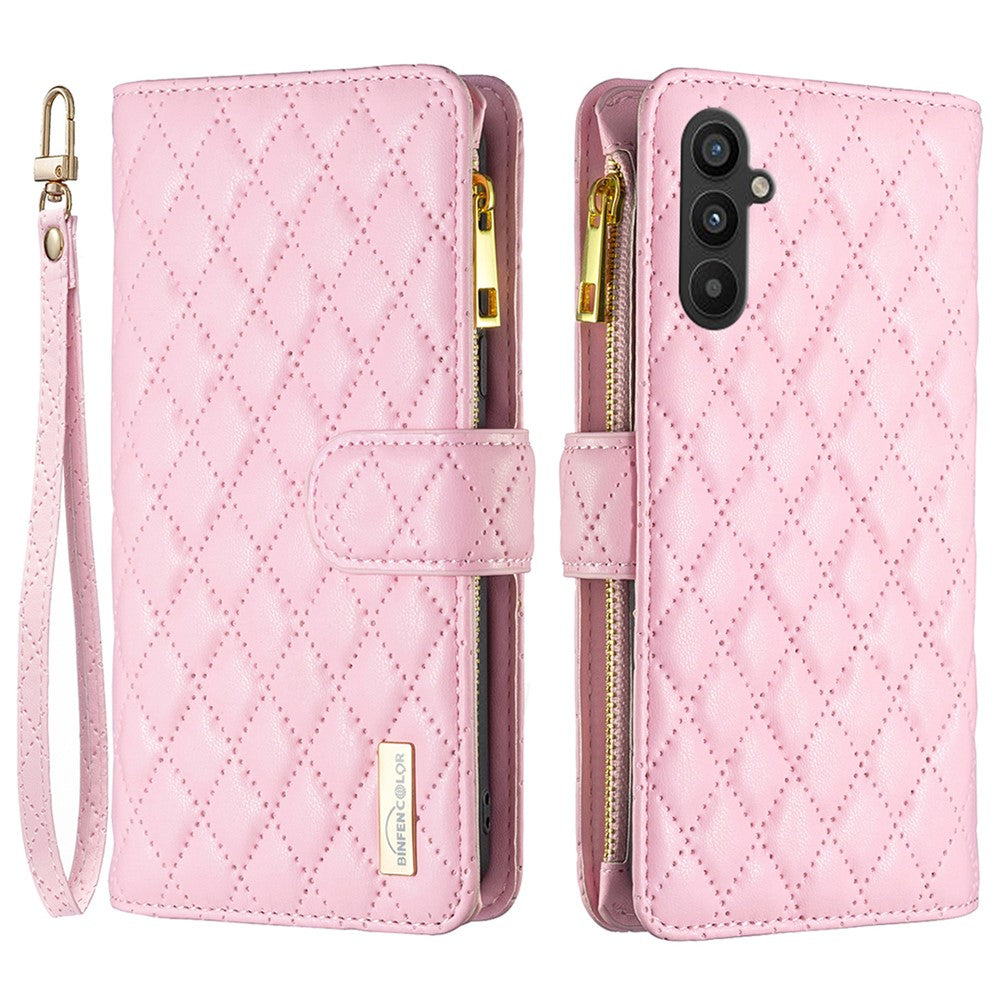 BINFEN COLOR BF Style-15 för Samsung Galaxy A34 5G Präglat rombmönster PU-läderfodral Folio Magnetisk plånbok Stativ Blixtlåsficka mobilskal med rem