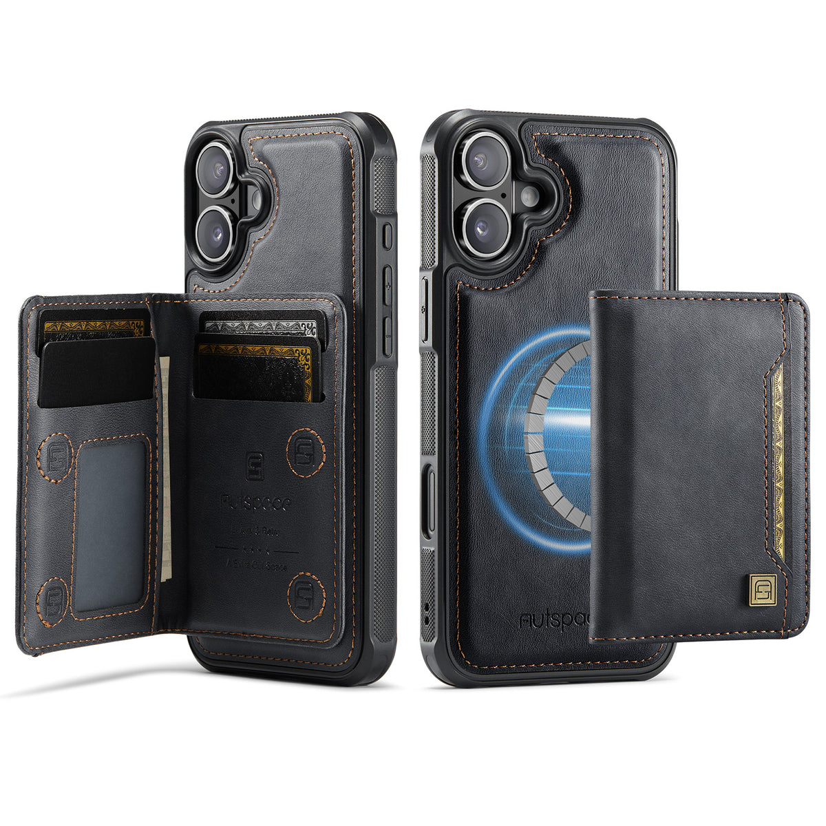 AUTSPACE for iPhone 17 Case A13 Vintage Leather Back Cover with Magnetic Detachable Card Bag
