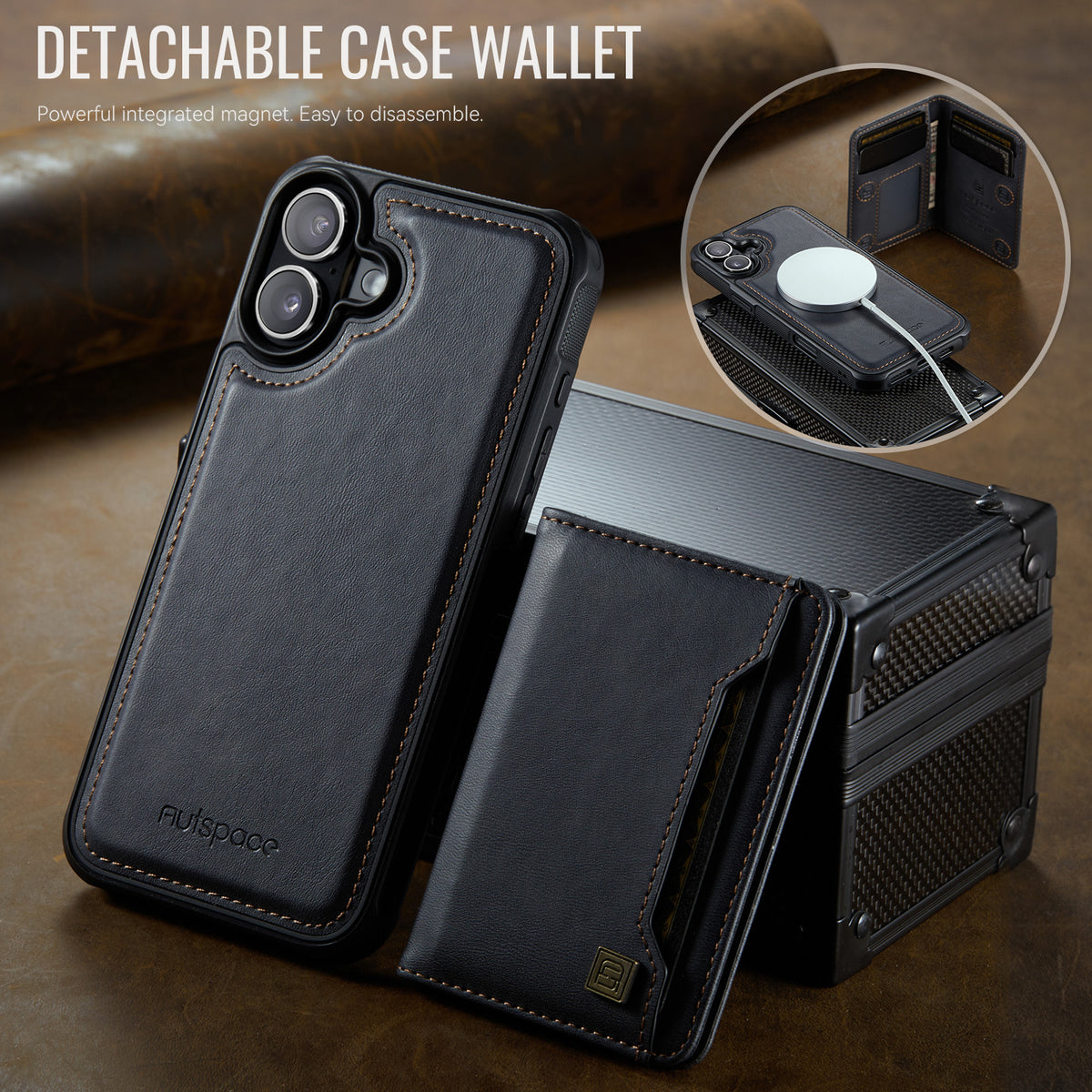 AUTSPACE for iPhone 17 Case A13 Vintage Leather Back Cover with Magnetic Detachable Card Bag