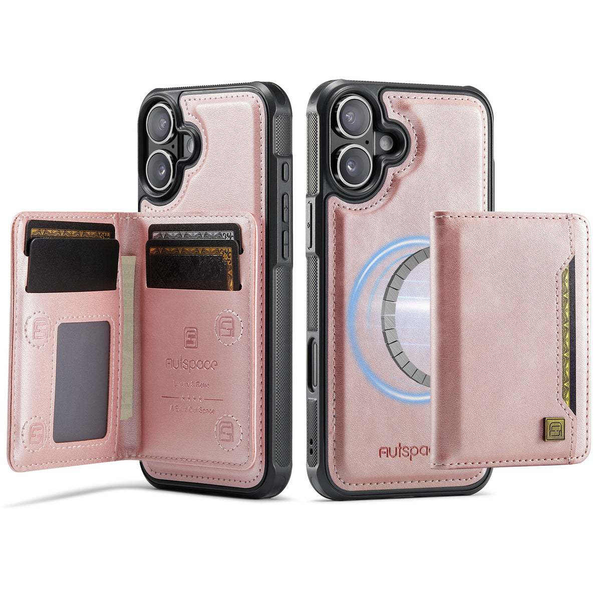 AUTSPACE for iPhone 17 Case A13 Vintage Leather Back Cover with Magnetic Detachable Card Bag