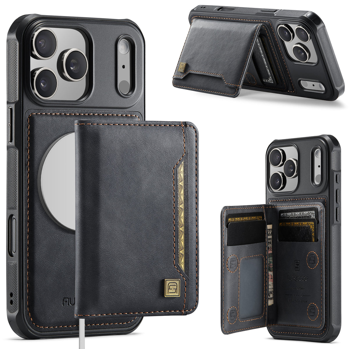 AUTSPACE for iPhone 17 Pro Max Case  A13 Vintage Leather Back Cover with Magnetic Detachable Card Bag