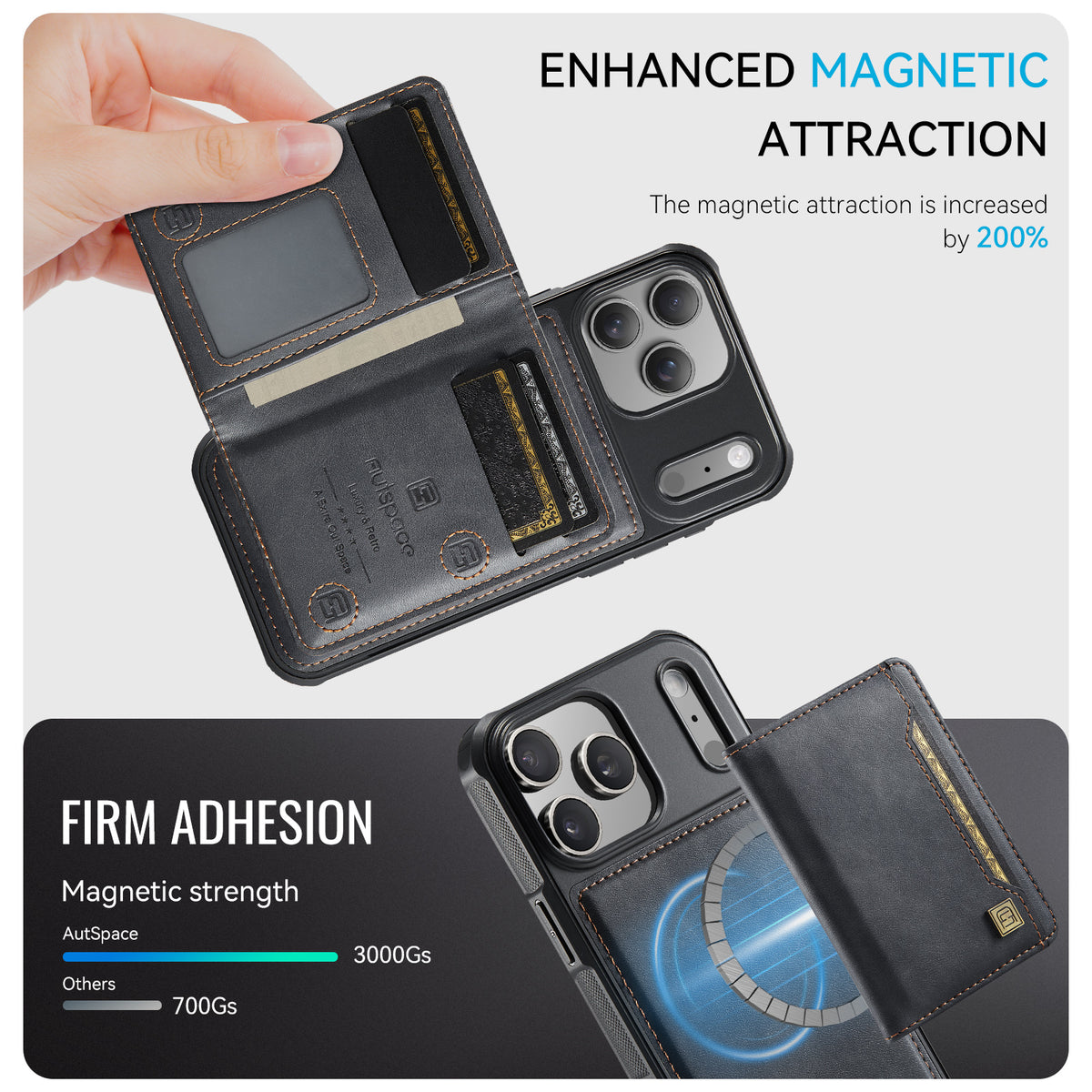 AUTSPACE for iPhone 17 Pro Max Case  A13 Vintage Leather Back Cover with Magnetic Detachable Card Bag